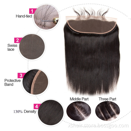Straight frontal lace closure virgin human hair raw indian hair  ear to ear lace front closure
